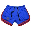Close-up of blue mesh quick-dry men's athletic shorts with red trim and paw print - M / Tops / Blue Red