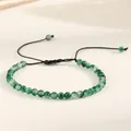 Close-up detail of 4mm natural green agate beads on an adjustable woven bracelet cord - Quartz