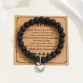 Natural lava stone bead bracelet with silver apple charm on teacher thank you gift card - Black Lava Rock