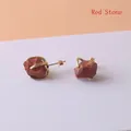 Handmade raw red jasper stud earrings with minimalist gold plated claw setting for women - Red Jasper