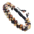 Detailed view of a double-row hand-woven natural agate stone adjustable beaded bracelet - Dark Brown and Yellow (#37)