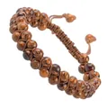 Detail of double row hand-woven natural stone bracelet with adjustable cord closure. - Brown Tiger Eye Texture (#38)