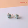 Irregular raw amazonite stone stud earrings with gold-plated four-claw setting - Amazonite