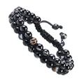 Hand-woven double-row black natural stone beaded bracelet with adjustable drawstring cord - Black Agate Style (#22)