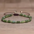 Handmade natural green jade stone bead bracelet with gold spacers and adjustable brown cord - Dark Green Jade Look Stone
