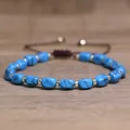 Handmade natural blue turquoise stone bracelet with adjustable brown cord - Black Line Blue Turquoise