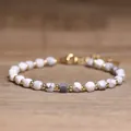Handmade natural stone beaded bracelet with white marble texture and gold accents. - White Turquoise / 4*6mm