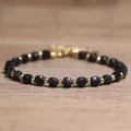 Handmade faceted black natural stone bracelet with delicate gold spacer beads for women - Black Agate / 4*6mm