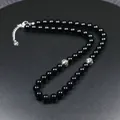 Collar de oración de ágata negra natural con cuentas de plata caladas para hombres y mujeres - Ágata negra
