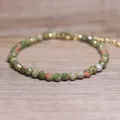 Handmade Bohemian faceted natural stone beaded bracelet with adjustable gold chain - Unakite