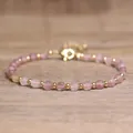 Handmade natural stone beaded bracelet with pink crystal and gold spacers. - Strawberry Quartz / 4*6mm