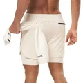 Dettaglio pantaloncini sportivi crema a doppio strato con porta asciugamano e tasca - Beige