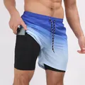 Vue détaillée du short de plage 2-en-1 bleu dégradé avec une poche pour téléphone - S / Bas / Dégradé Bleu Mer (30#)