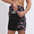 Détail du short de plage double couche pour hommes avec imprimé flamant rose - S / Bas / 5# Flamant Rose de Nuit (Imprimé Noir)