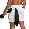 Pantaloncini sportivi da uomo 2-in-1 camouflage bianco con asola per asciugamano e tasca - Camouflage Grigio Bianco