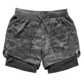 Pantaloncini sportivi da uomo a doppio strato mimetici grigi per corsa e palestra - Mimetico Grigio + Fodera Nera