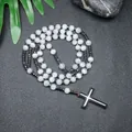 Collar de rosario hecho a mano de ojo de gato blanco y hematita de 8mm con cruz negra - Ojo de Gato Blanco