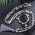 108 natural stone Mala bead necklace and bracelet set with grey tassel and lotus charm - Lotus Pendant Necklace And Bracelet Set / Zebra Stone Grey (3)