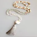 Natural 108 stone beads mala necklace with amazonite and long grey silk tassel pendant - Gradient Orange Pink (5)