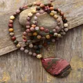 Handmade 108 natural stone mala beads necklace featuring a large red jasper teardrop pendant - Red Green Speckled Stone (6)