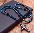 Handgemaakte rozenkrans ketting van blauw tijgeroog met een metalen kruis hanger - Blauw Tijeroog
