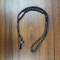 Hematite bead rosary necklace with black cross pendant for men, dark grey metallic finish - Hematite