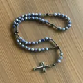 Natural blue tiger eye stone rosary necklace for men with sleek metallic cross pendant - Blue Vein Stone Style