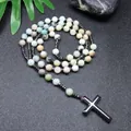 Detailed view of handmade Amazonite and Hematite beaded rosary necklace with cross pendant - Light Blue Mix