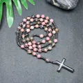Collar de cuentas Mala de piedra natural con un colgante de cruz de hematita pulido - Rodonita