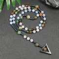 Detail view of natural stone rosary necklace with a metallic triangle pendant. - Multicolor Rose Quartz Aquamarine Jasper