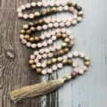 108 Mala beads necklace with pink quartz and jasper stones featuring a long tassel - Rose Quartz Spotted Stone (7)
