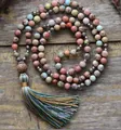 Handmade 108 natural Amazonite stone prayer beads necklace with colorful tassel - Amazonite Multicolor (9)