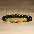 Bracelet de richesse traditionnel Feng Shui Pixiu avec perles d'obsidienne noire et or - Double Pixiu Noir Mat (7)