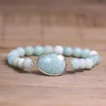 Gedetailleerd zicht op een facetgeslepen lichtgroene natuursteen op een kralenarmband - Amazoniet
