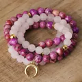 Collar de 108 cuentas Mala de cuarzo rosa y piedra emperador con colgante de cuerno - Cuarzo rosa