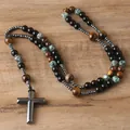Detailed view of hematite cross pendant with tiger eye and natural stone beads - African Green Stone Cross Style / African Green
