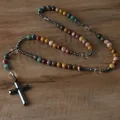 Natural stone beaded rosary necklace with black hematite cross pendant - Egg Yolk Stone Cross Style / Egg Yolk Yellow