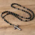 Hematite cross pendant necklace with matte black beads and faceted metallic stones - Matte Black