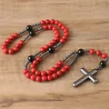 Handcrafted red bead rosary necklace featuring hematite beads and a metallic cross pendant - Red Jasper