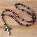 Handcrafted natural purple agate rosary necklace featuring a hematite cross pendant - Purple Stripes