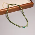 Elegant green beaded tiger eye necklace with gold accents and teardrop pendants - Water Drop Gemstone Pendant Style (XL0025) / Dark Green/Light Green