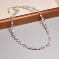 Elegant beaded necklace featuring purple amethyst chips and white pearls for a luxury look - Artificial Pearl Amethyst Style (XL0026) / Purple and White