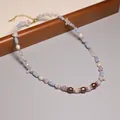 Elegant Maillard style beaded necklace with tiger eye stones and pearls on grey background - Faux Pearl / Maillard Purple Stone Style (XL0049)
