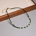 Vintage malachite and pearl beaded necklace for women with gold adjustable chain - Faux Pearl / Green Malachite Texture Style (XL0050)