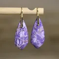 Close-up of elegant purple imperial stone teardrop earrings with polished gold hooks - Purple 1