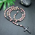 Handmade Mala bead necklace with natural pink stones and a polished hematite cross pendant - Rhodonite
