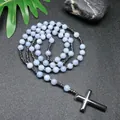 Handmade natural stone Mala bead necklace featuring a metallic hematite cross pendant - Aquamarine