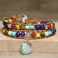 Detailed view of bohemian multi-layer wrap bracelet with colorful stones and raw pendant - Light Green Raw Stone Style (Sky Blue) / Triple Layer Wrap / Sky Blue