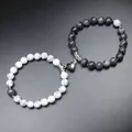 Couple magnetic heart attraction stone bead bracelets in black and white finish - Larvikite