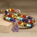 Macro view of bohemian wrap bracelet with colorful beads and raw amethyst pendant - Amethyst Raw Stone Style (Light Purple) / Triple Layer Wrap / Light Purple